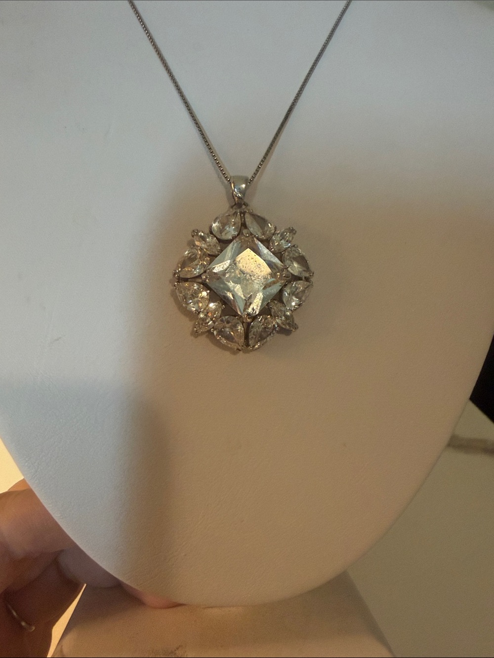 Vintage Crystal Halo Pendant Necklace - Sterling Silver‎ Chain Statement Piece